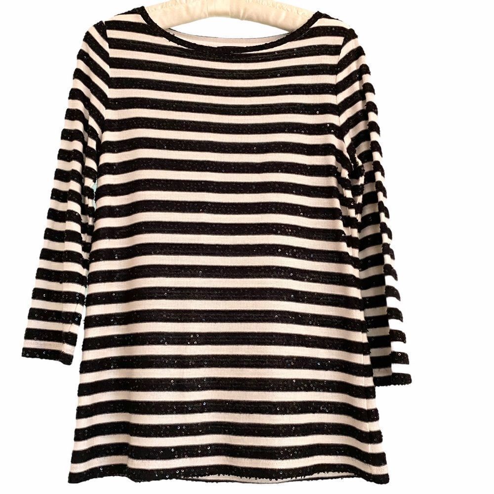 Talbots Black White Striped Sweater w/ Sequins XS